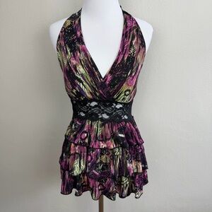 Y2K Kiwi Ruffle Babydoll Halter Top Floral Lace Pink Black Size XS